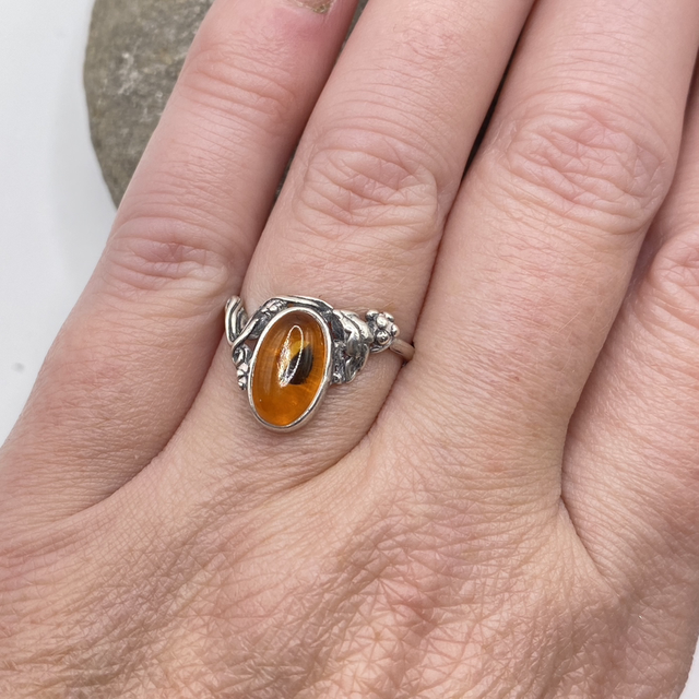 REFURBISHED Vintage Amber Sterling Silver Ring Size O 1/2