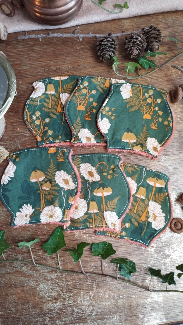 Lot de 2 lingettes pour le démaquillage, tissus champignons fond vert