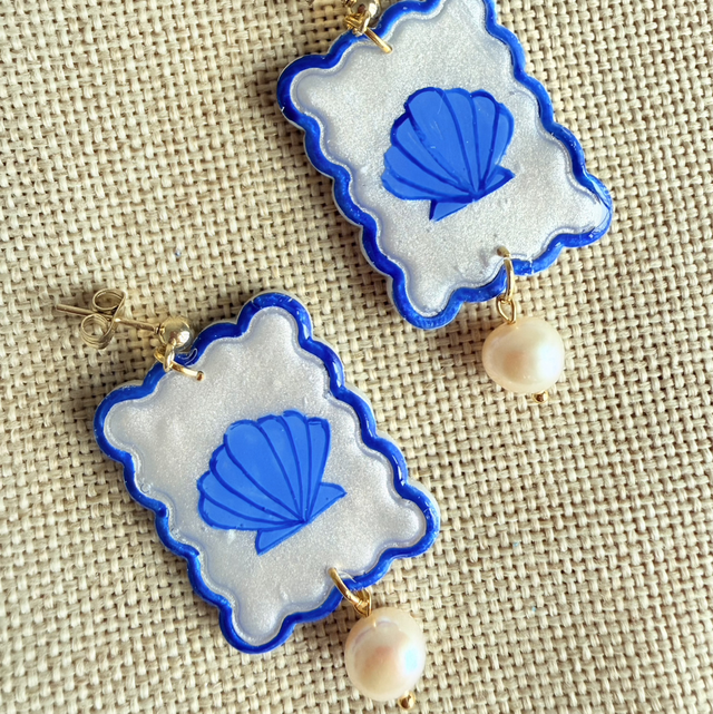 Blue Shell Pearl Wavy Tile Earrings