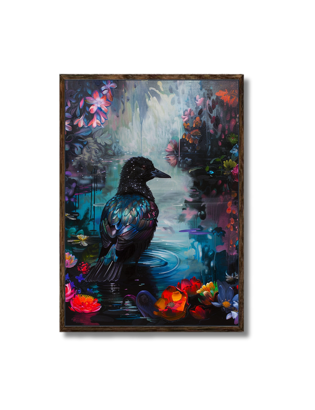 Corvo no lago de Lótus 