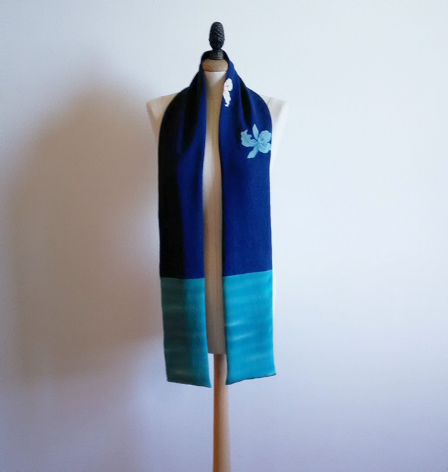 Silk Scarf, Cattlyea Pattern Blue and Green Blue Color Vintage Japanese Kimono Scarf, Gift for her