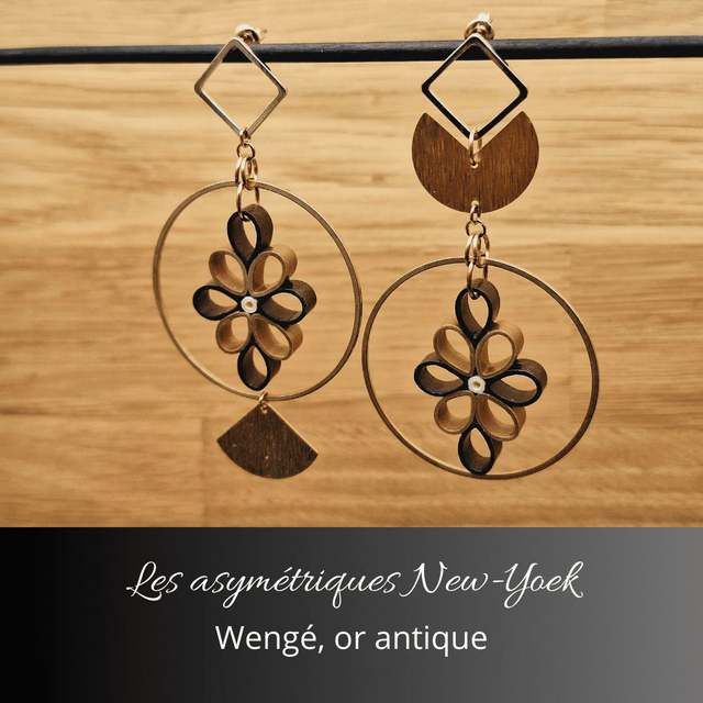 Boucles d&#039;oreilles asymétriques New York - Wengé or antique
