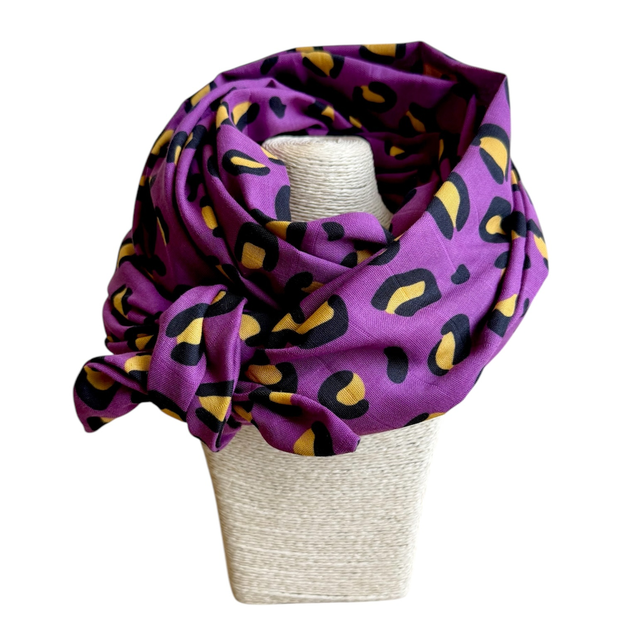 Echarpe 180 cm de long - LÉOPARD - prune et jaune