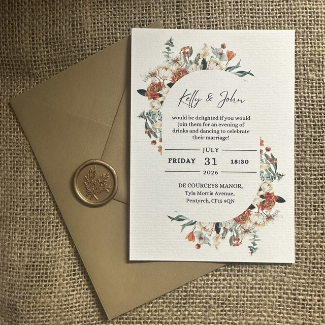 Burnt orange floral design A6 evening invitations