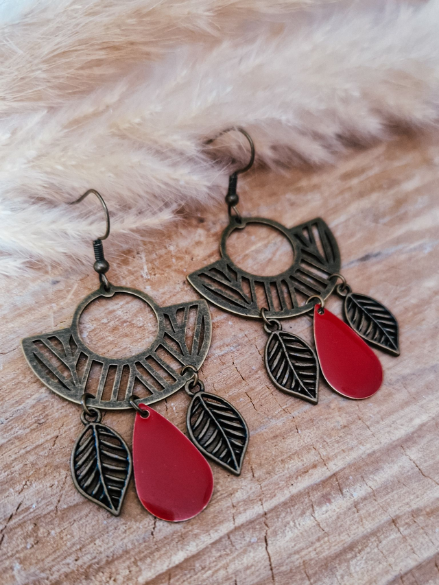 Boucles d'oreilles "Jungle" - Bronze et rouge