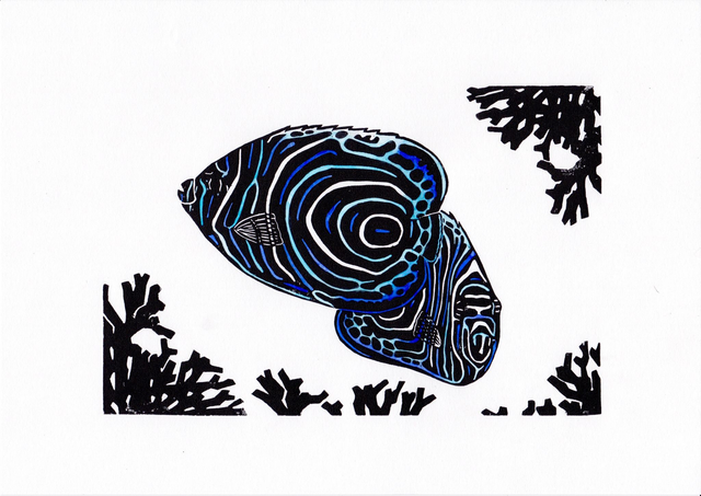 Linogravure A4 Poissons Ange Empereur - Linogravure poisson