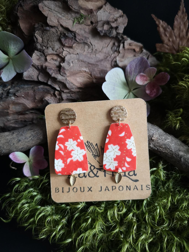 Boucles d'oreilles - puces - papier washi - Sakura - feuilles - La&amp;Titia 