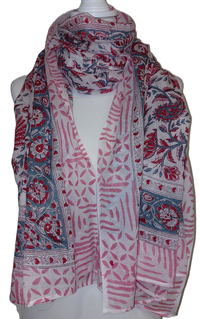 Paréo de plage en coton voile indien imprimé à la main – Motif floral rouge, rose et vert – Étole &amp; châle bohème   