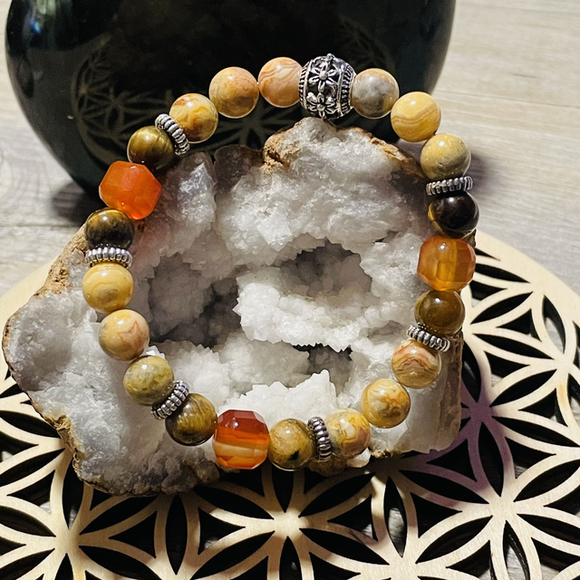 🌺🍁Bracelet Cornaline, Oeil de tigre, Agate crazy lace