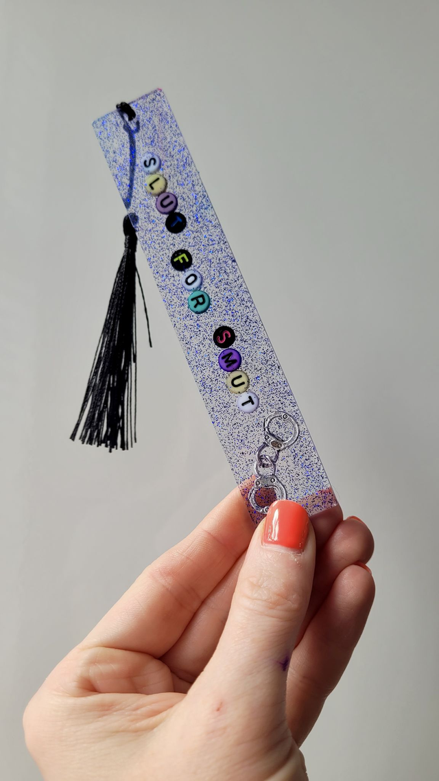 Slut for Smut Blue Glitter & Handcuff Bookmark
