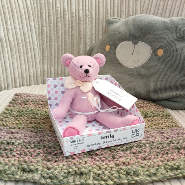 Verity. Small size, handmade teddy bear. UKCA. Tray base packaging. Limited Edition Wool Felt. Purple. Pink. Blush pink. 