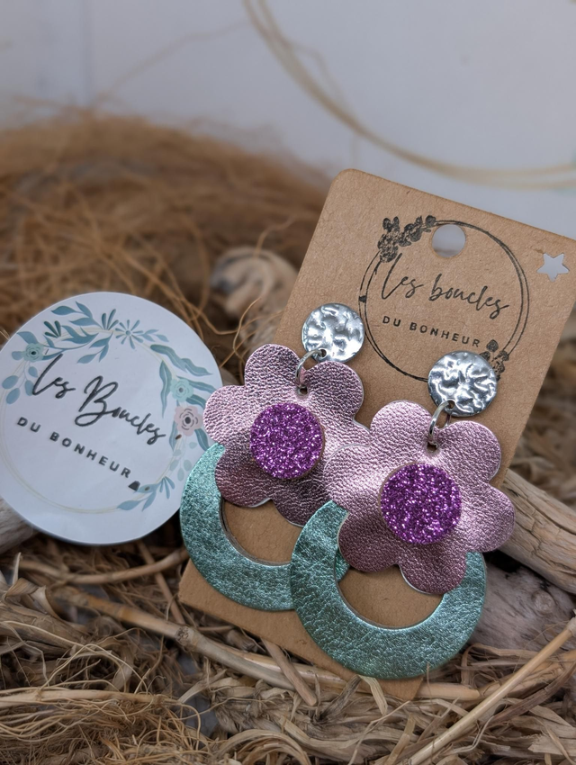 Boucles d&#039;oreilles fleur rétro rose vert mo713