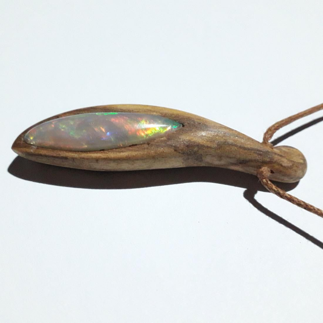 Ethiopian Opal Necklace With Hand Carved Palo Santo Wood 