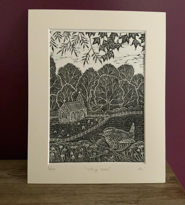 Village Wren linocut print