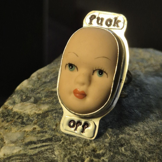Vintage Ceramic Doll&#039;s Head and Sterling Silver Ring 