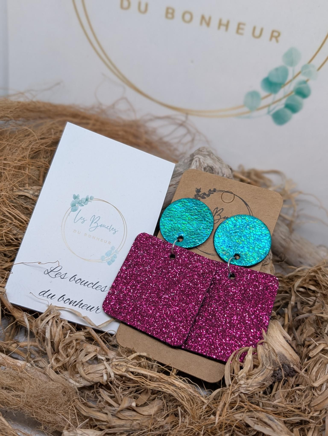 Boucles d'oreilles Perrine framboise paillettes turquoise p002