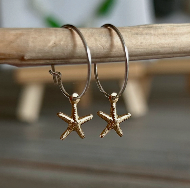 Sterling Silver Hoops with Goldplated Starfish Earrings 