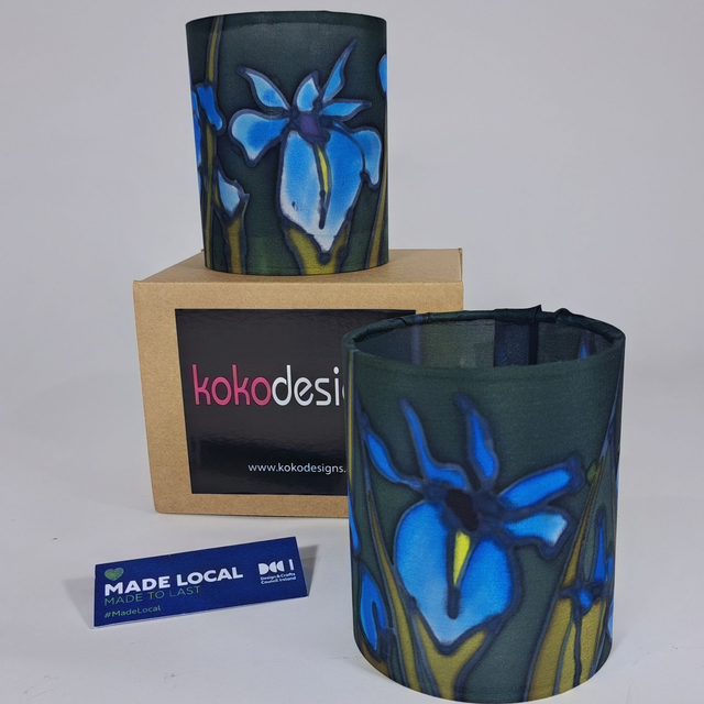 Blue Iris hand painted silk tealight holder 