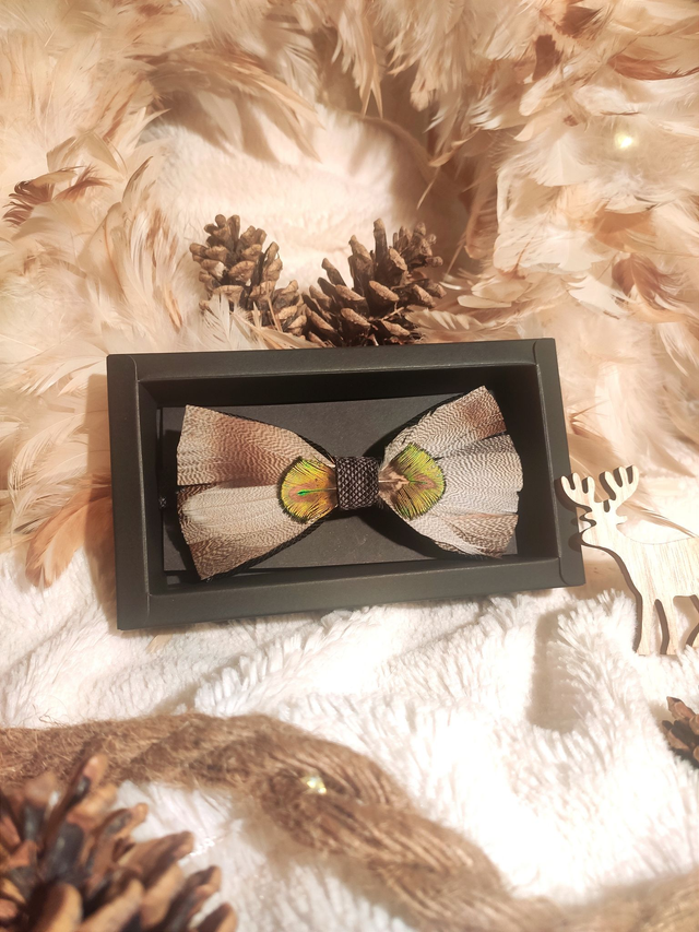 Noeud papillon Tissu et Plumes naturelles de Colvert beige et Paon vert