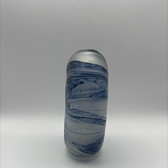 Julia Donnelly Frosted Clear Glass Vase with Navy Swirl – Signed & Dated 1988, 15cm
