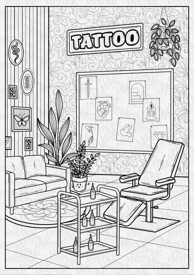Affiche à colorier "Le salon de tatouage"