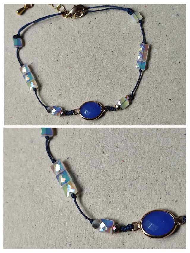 Bracelet pierre et verre effet nacré monté sur fil de jade résistant et réglable avec chaîne d&#039;extension en acier inoxydable doré, pièce unique 