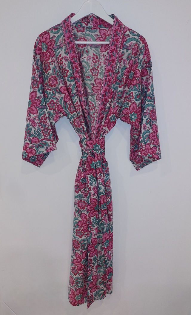 Robe kimono longue en coton, peignoir, robe de chambre, motif floral rose, vert, rouge, blanc, L.120cm ou 140cm