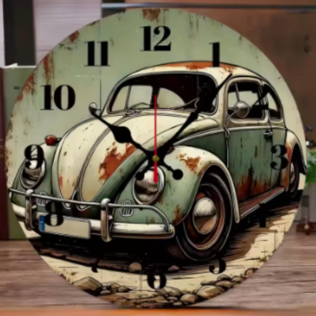 Ronde wandklok van hout Vintage auto tekening (25cm)