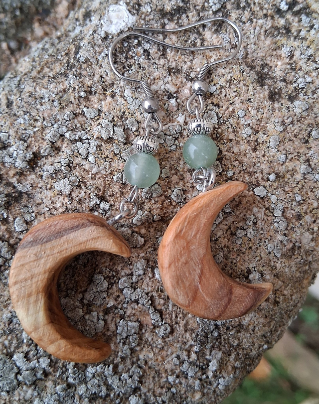 Boucles d'oreilles en bois et pierres, If et Aventurine