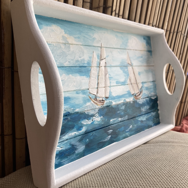 Kunst op hout, handbeschilderd decoratief dienblad, twee zeilboten , rechthoekig 30x20cm , wit blauw, Krista Kitsz Art