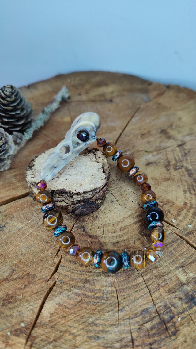 Bracelet homme Tête de corbeaux et pierres Oeil de Igre naturelles