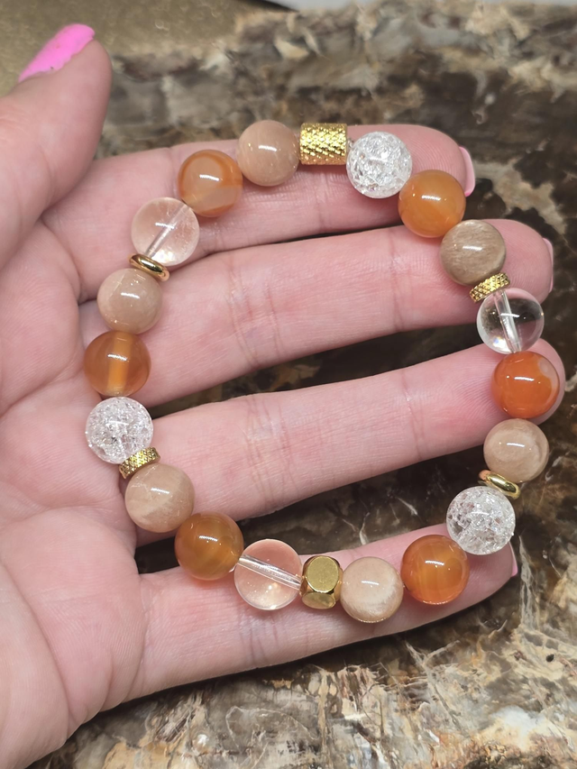 Bracelet Cornaline, Pierre de lune, Cristal de roche en 1 cm