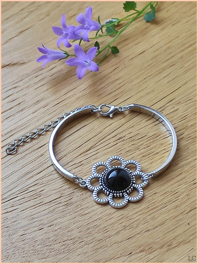 Bracelet jonc fleur - Obsidienne noire