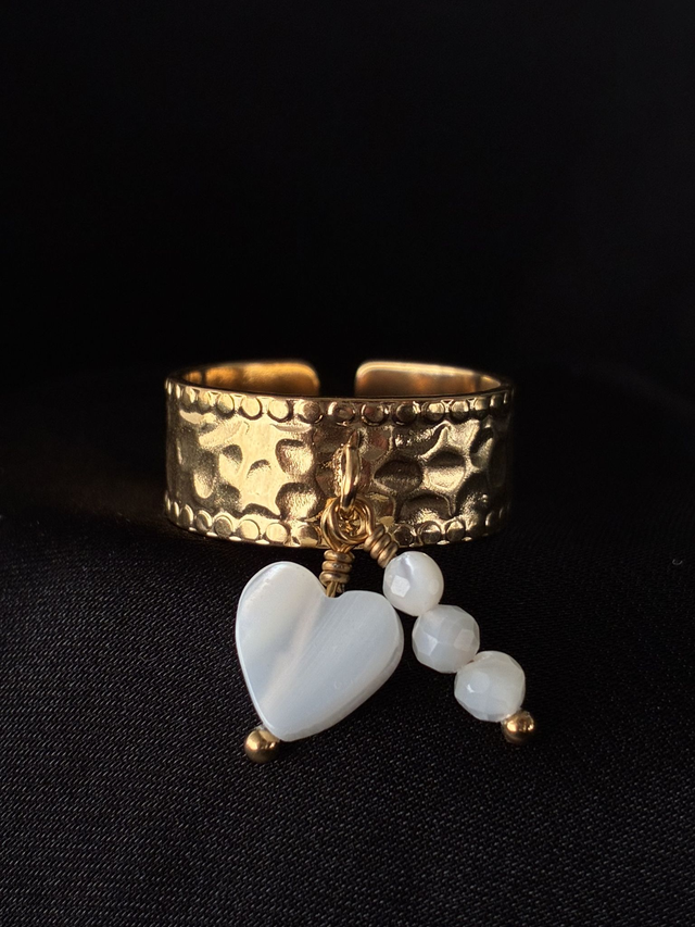 Bague réglable martelée Coeur Nacré Doré