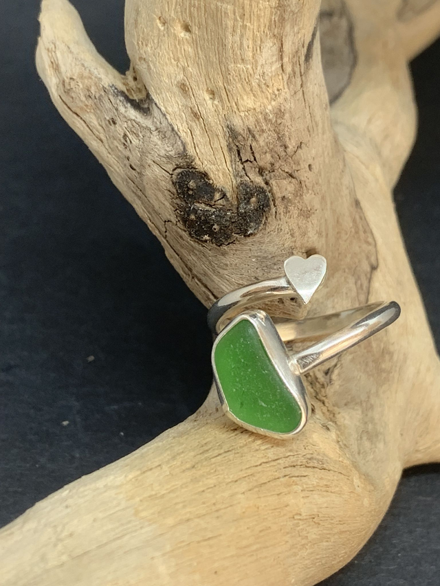 Handmade sterling silver adjustable ring with green seaglass