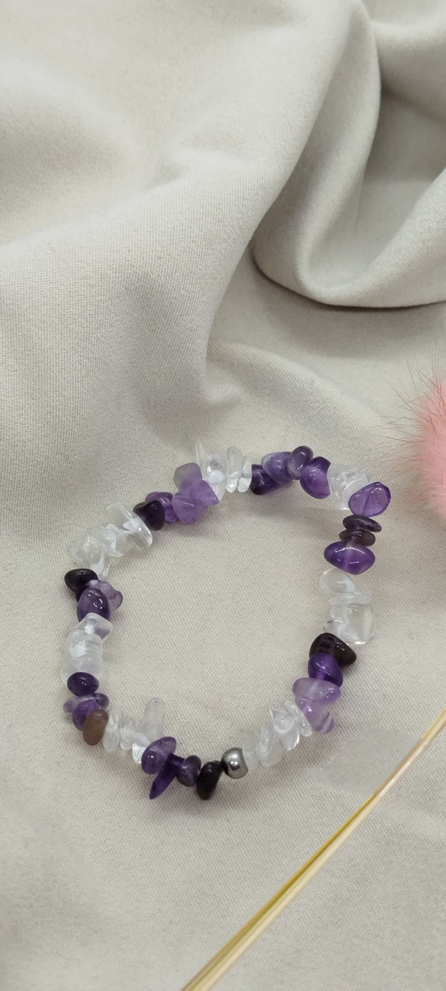 Bracelet 16 cm en pierres baroques naturelles   (améthyste, cristal de roche)
