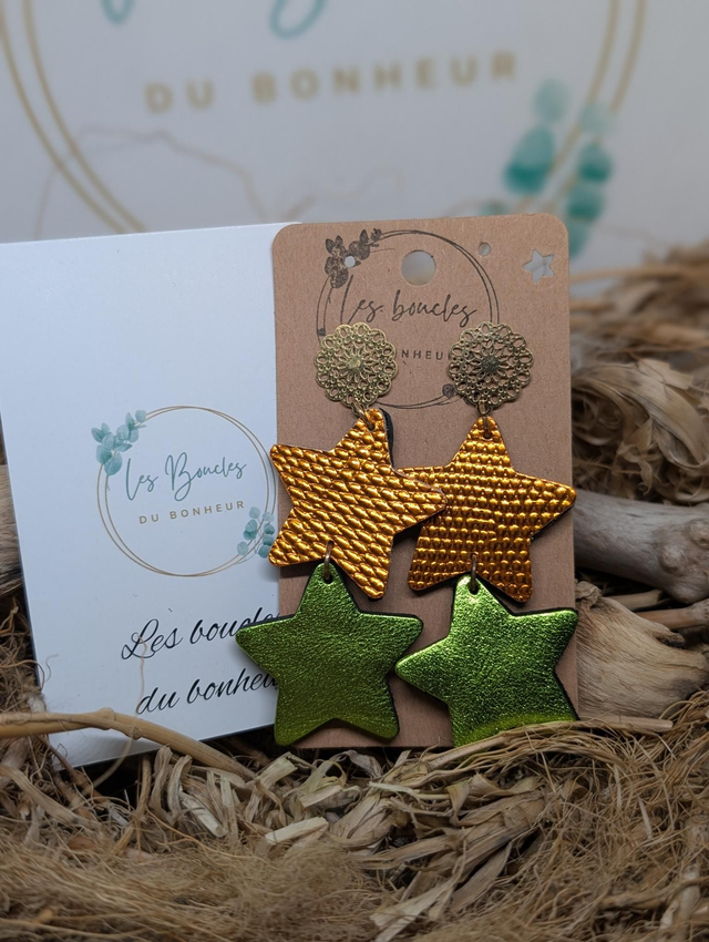 Boucles d&#039;oreilles Double star orange vert ds031