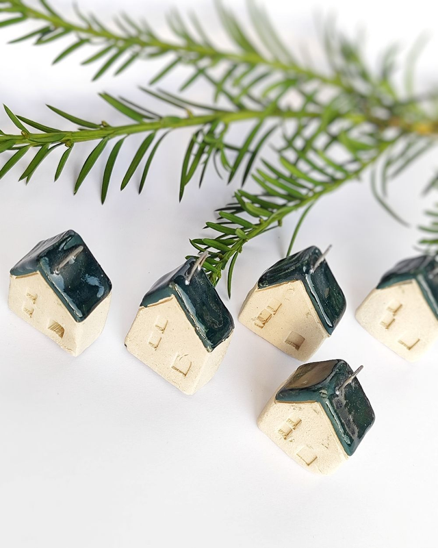 Granatowe domki ceramiczne na choinkę - zestaw 5 sztuk