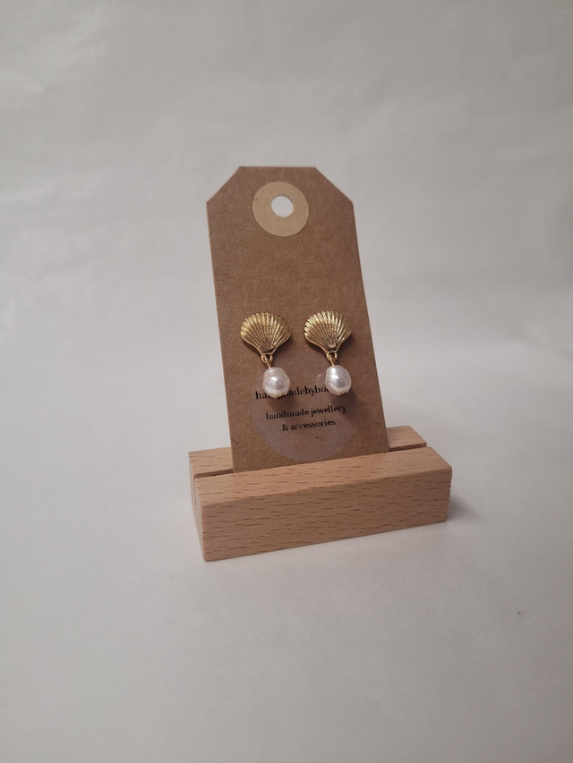 Shell Charm Drop Stud Earrings With Pearl Bead - Gold Plated - HBH-028