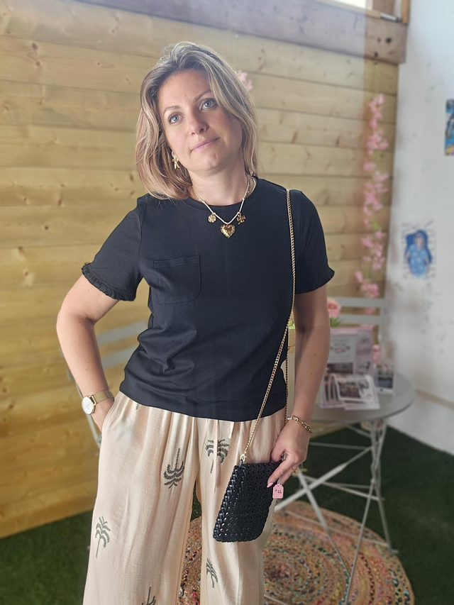 Pantalon fluide beige motif PALMIER