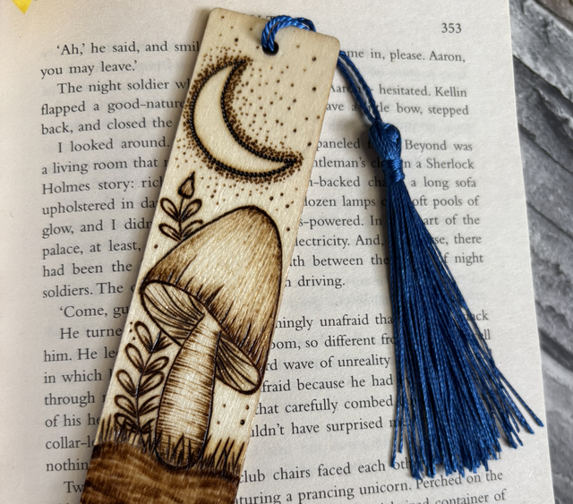 Mushroom and crescent moon. Handmade. Pyrography. Handburnt.