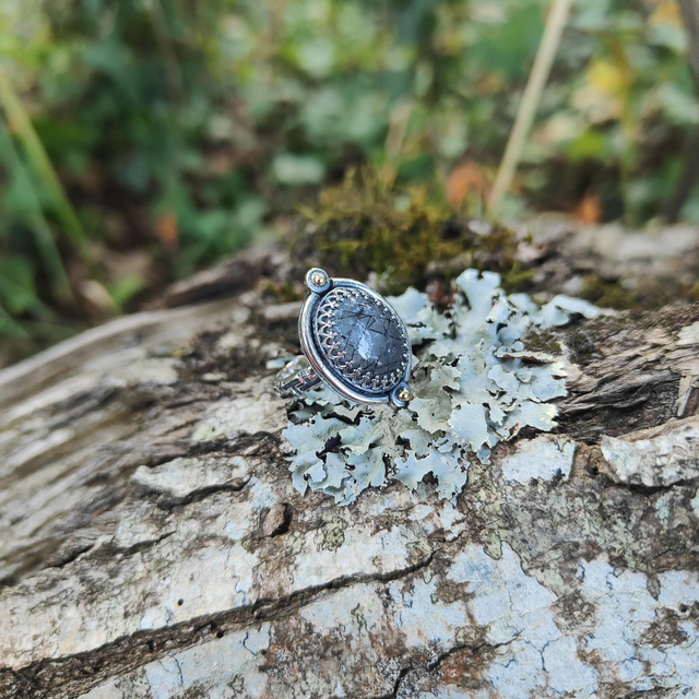 Bague Mystère en Argent Massif, Quartz Rutilé Noir et Graine d'Or 18k