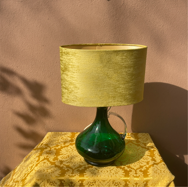 Tischleuchter Grün/ gelb /Glaskunst   Samtschirm/ Glashütte /Mid-Century