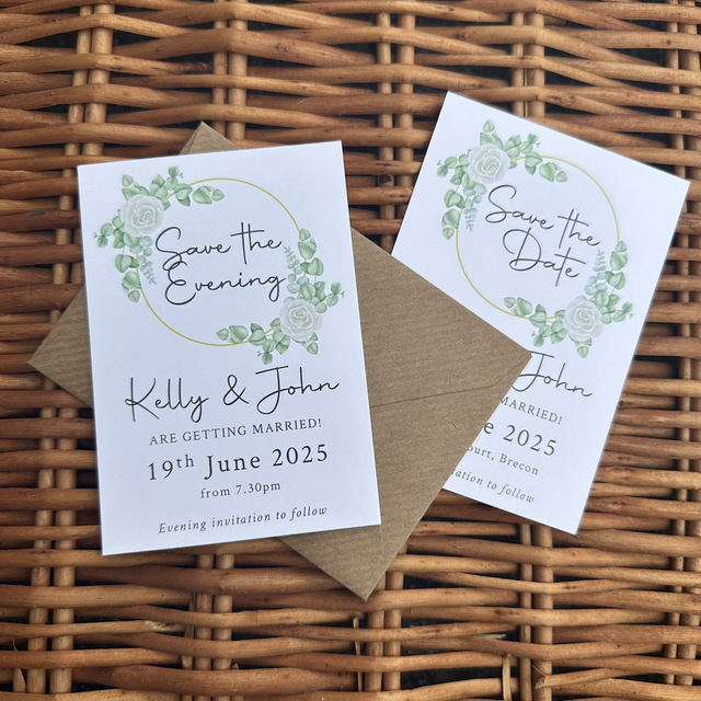Eucalyptus, greenery & white rose - save the date cards