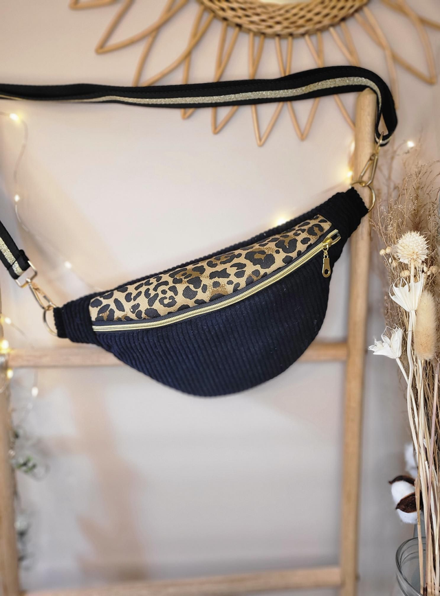 banane noire velours côtelé et léopard bandoulière amovible 