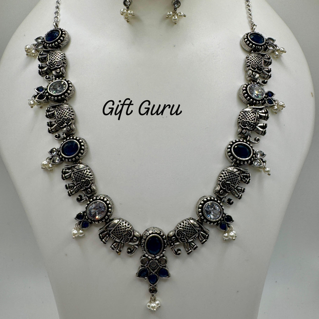 Oxidised elephant necklace with blue stones 