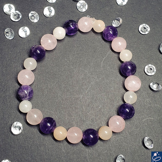 Bracelet élastique en améthyste, jade teint et quartz rose