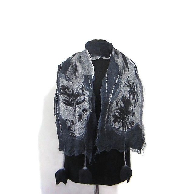Sciarpa lana merino seta infeltrita fiori tulipani Sciarpa colore nero lunga calda donna fatto a mano regali unici per le donne