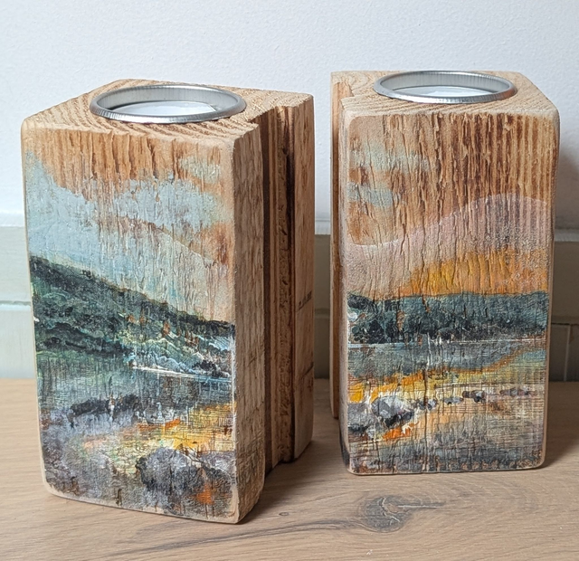 The Lake District - Sunset on Stepping Stones - Set of Two Tealight Holders Reclaimed Wood