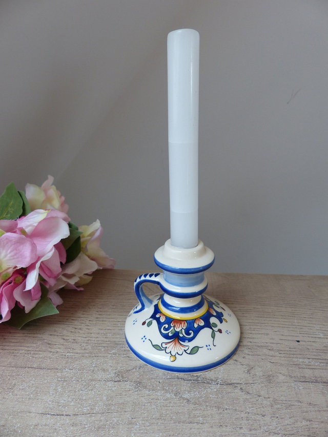 Bougeoir Ancien en Faïence de Rouen – Peint à la Main – Décor Floral – Porte-Bougie Mural avec Poignée – Style Romantique et Bohème